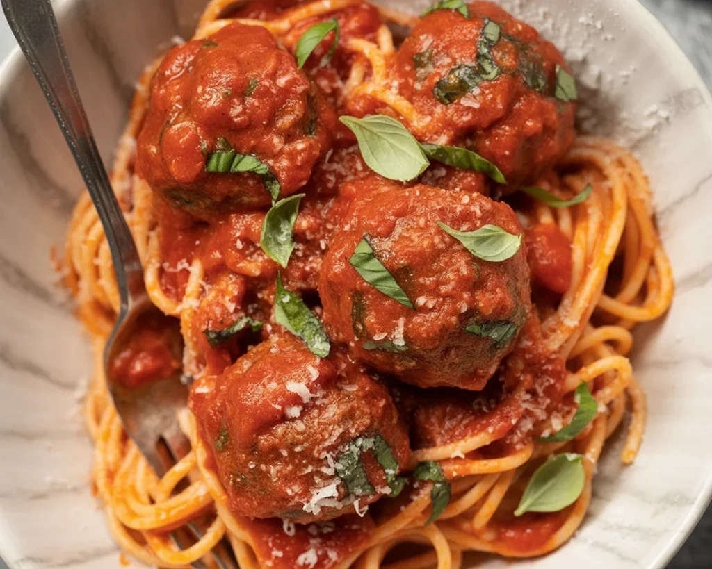 Delicious Italian Baked Meatballs served with marinara sauce