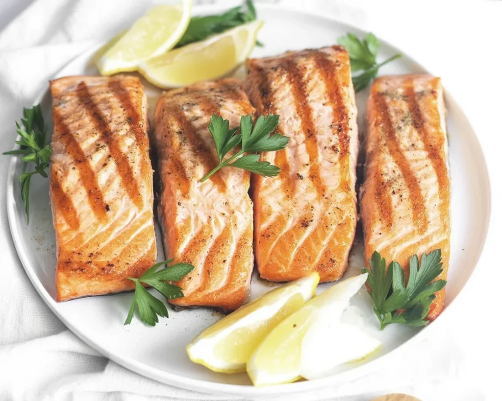 Delicious grilled salmon fillets with herbs on a hot grill.