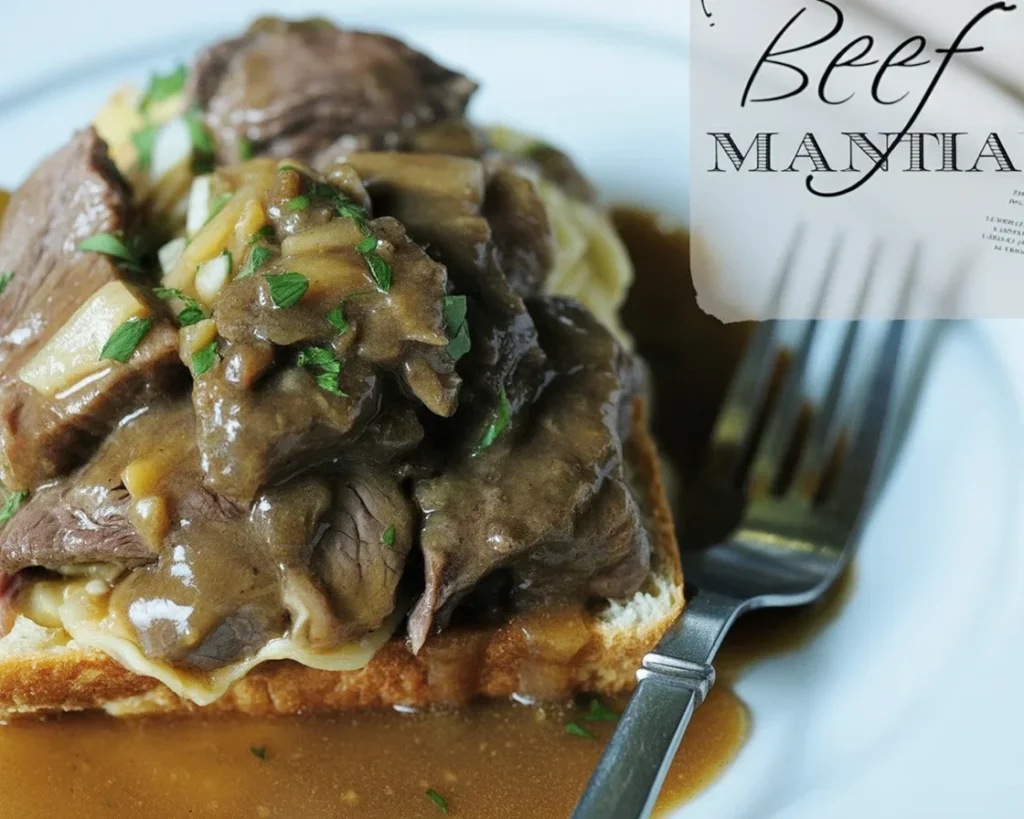 Delicious Beef Manhattan Comfort Dish with roast beef, mashed potatoes, and gravy.