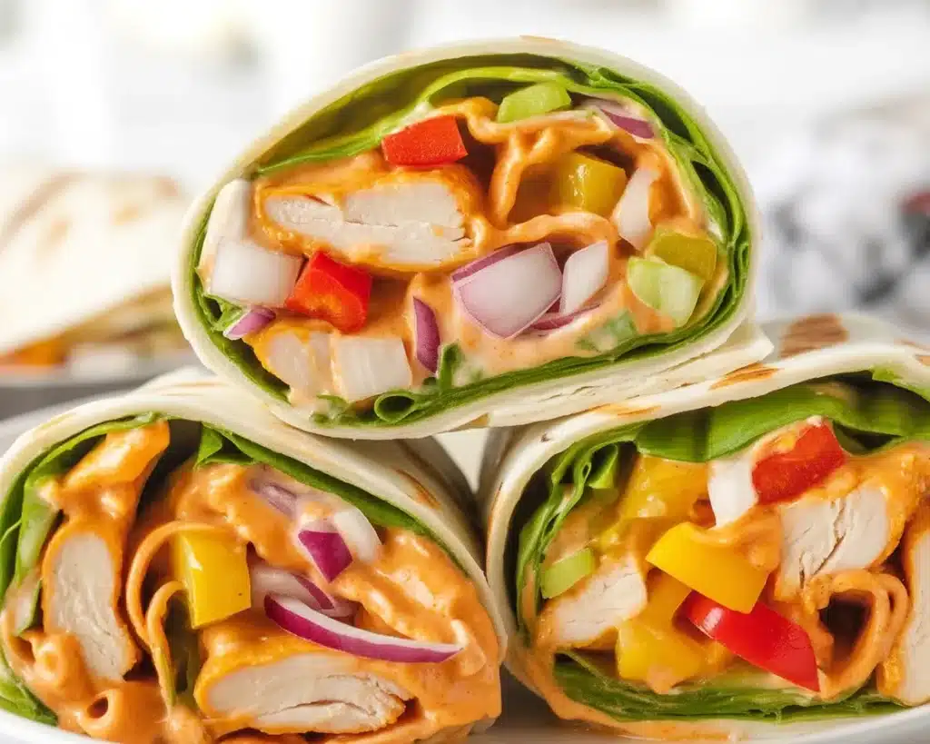 Buffalo Chicken Wrap with chicken, veggies, and creamy sauce wrapped in a tortilla.