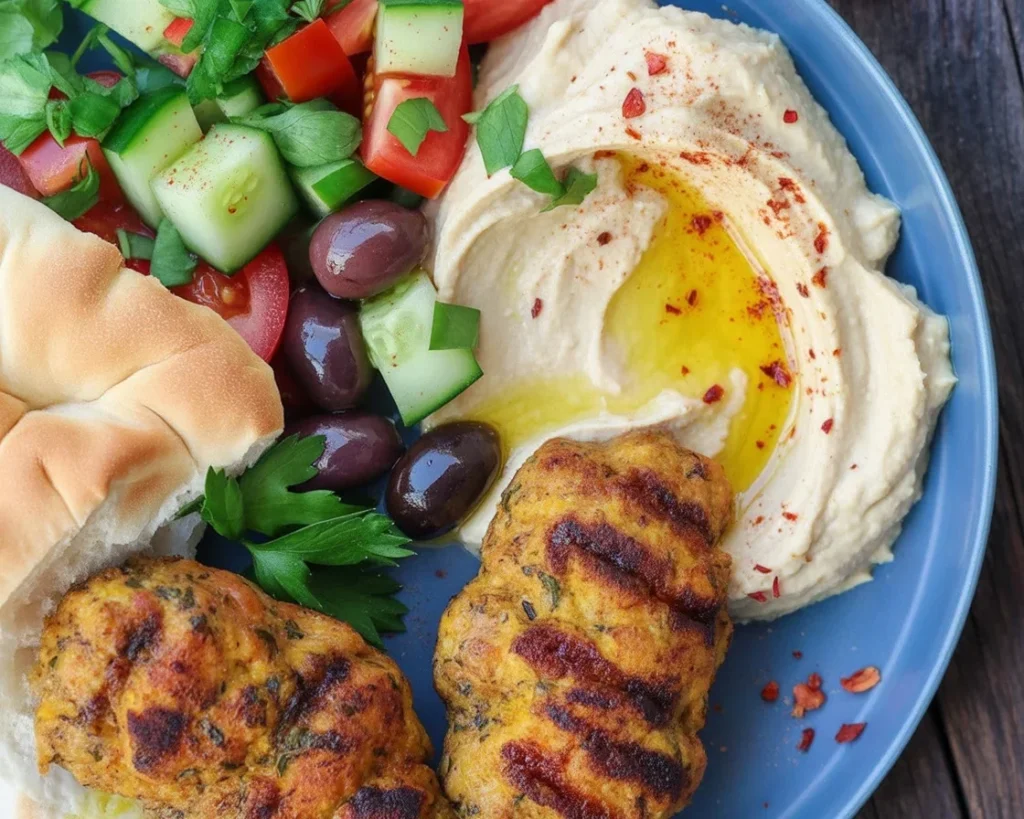 Grilled Chicken Kofta meatballs with herbs and spices served with yogurt sauce.