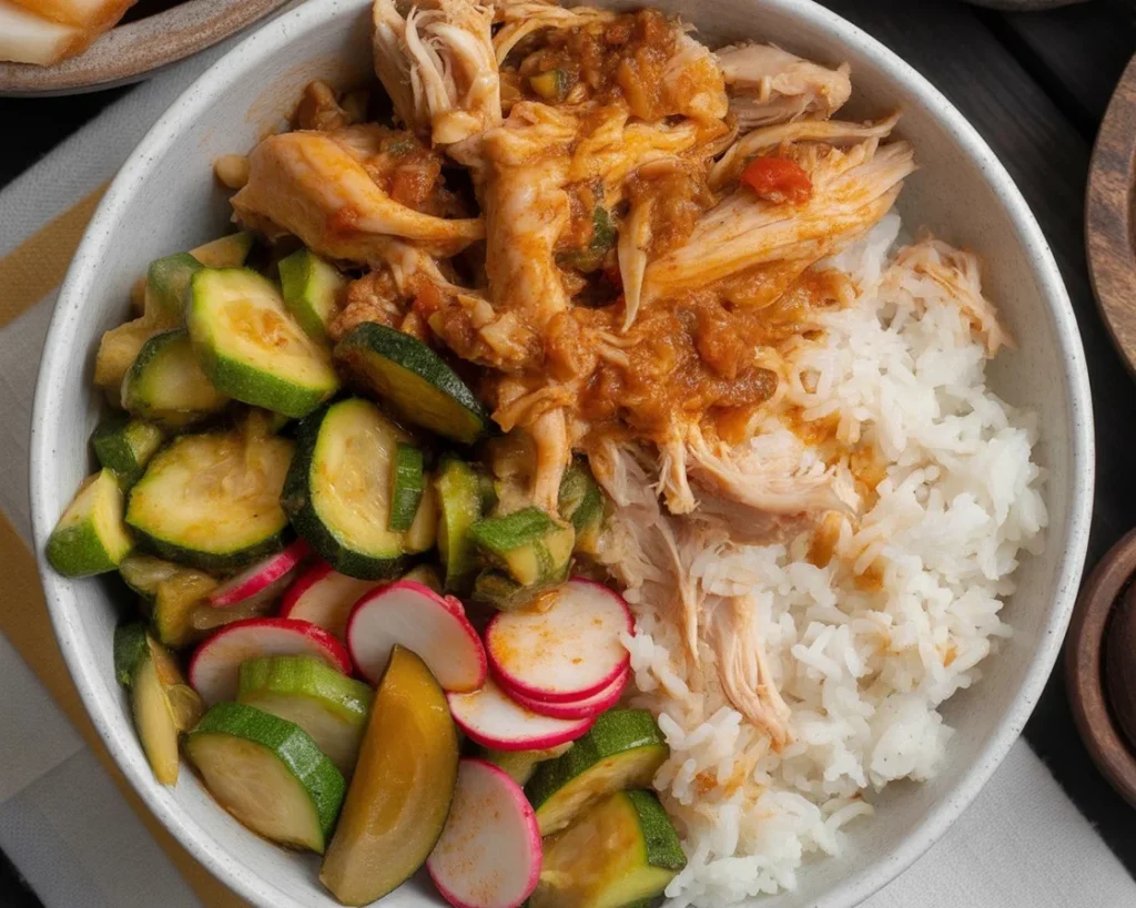 Chili Rotisserie Chicken Bowl with cucumber crunch and sweet chili sauce.