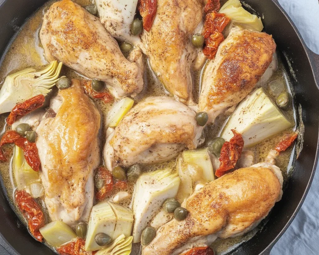 Delicious Mediterranean Chicken Skillet with olives, tomatoes, and artichokes.