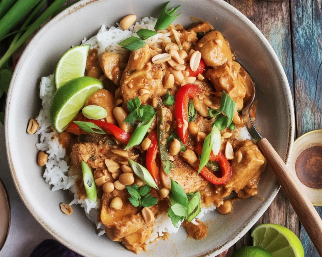 Delicious Thai Peanut Chicken with rich peanut sauce and colorful veggies.