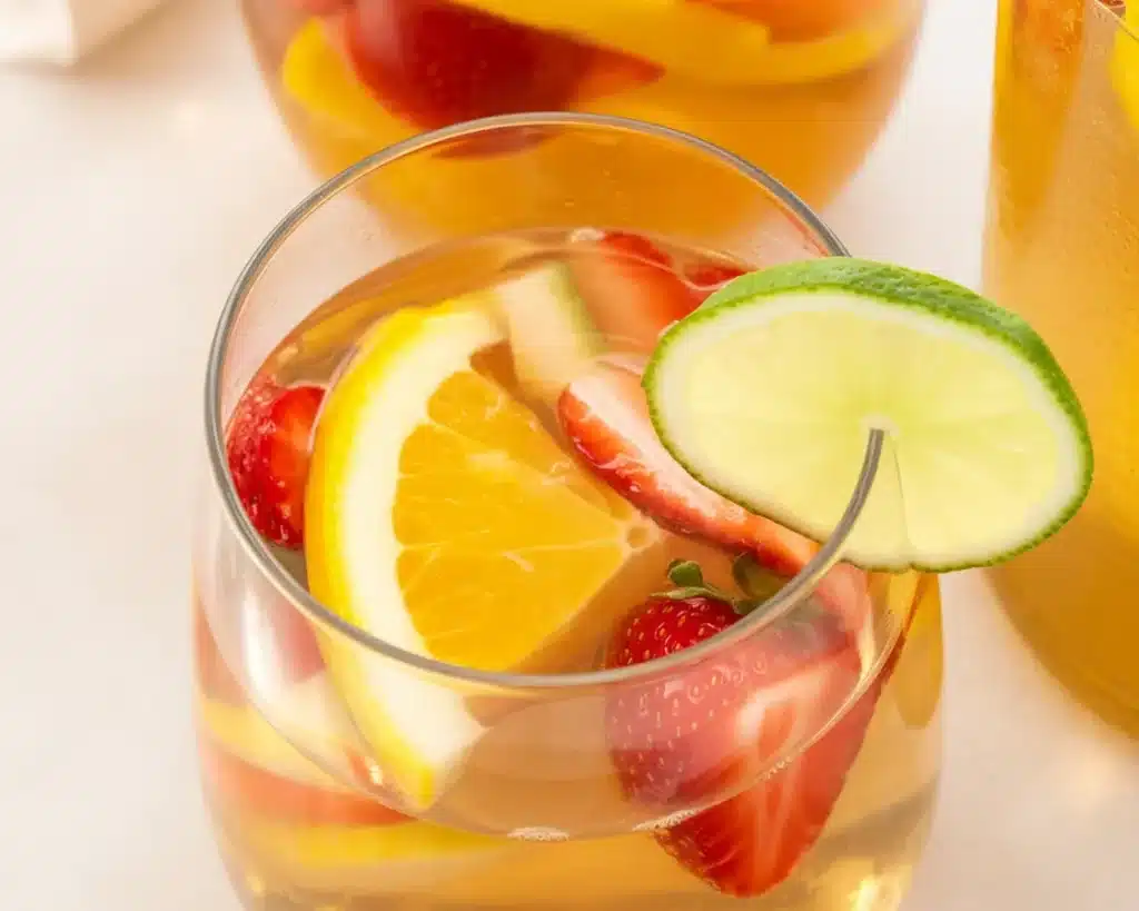 Refreshing White Wine Sangria with fresh summer fruits like strawberries and peaches.