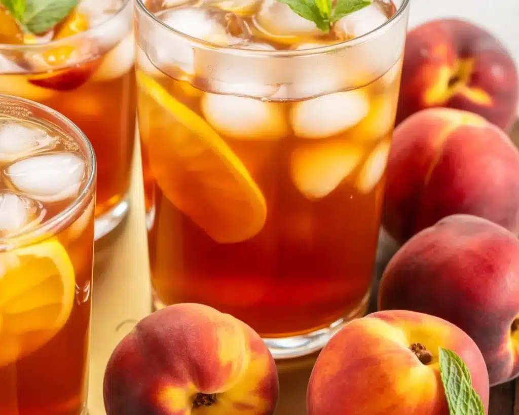 Refreshing Southern Peach Tea served in a glass with peach slices and mint.