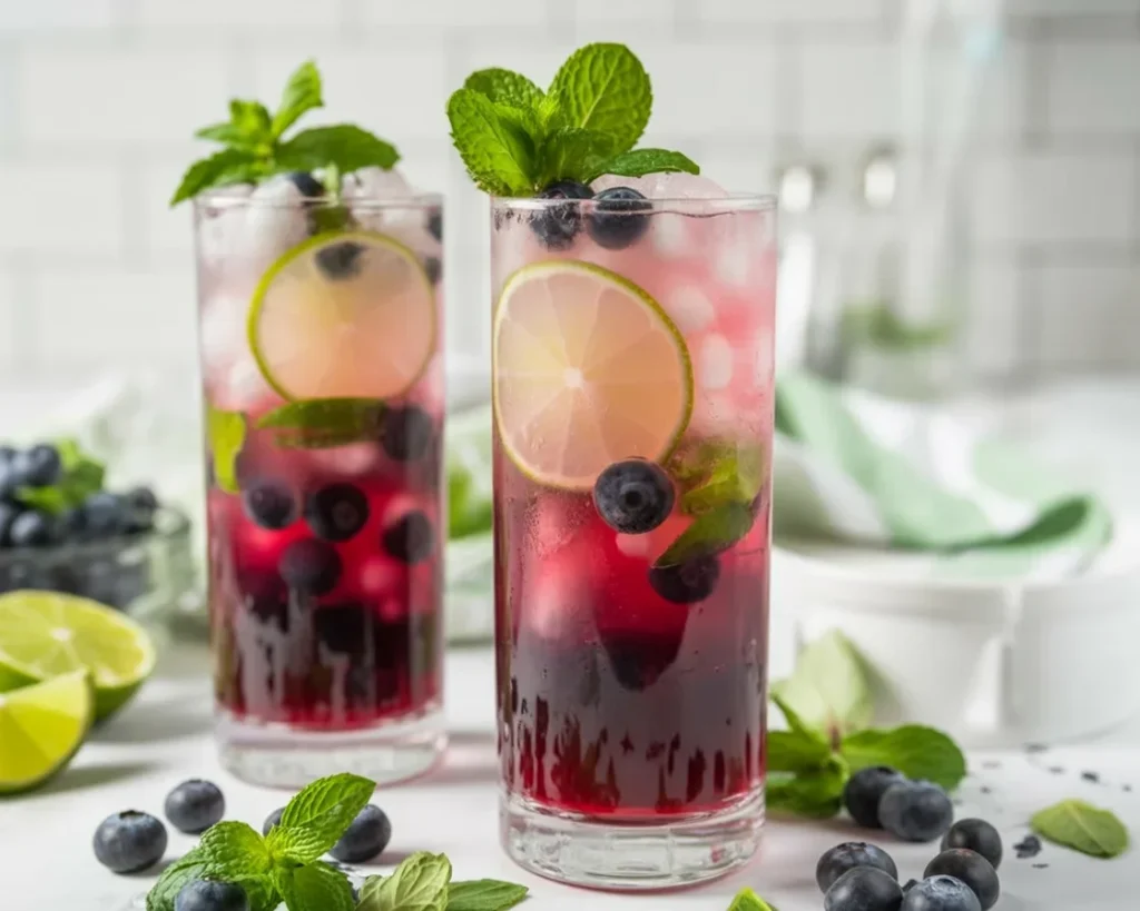 Blueberry Mojito cocktail with fresh blueberries, mint, lime, and white rum in a glass.