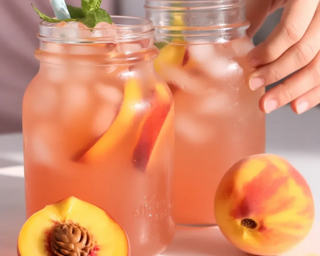 Refreshing Peach Lemonade made with fresh peaches and lemons in a glass