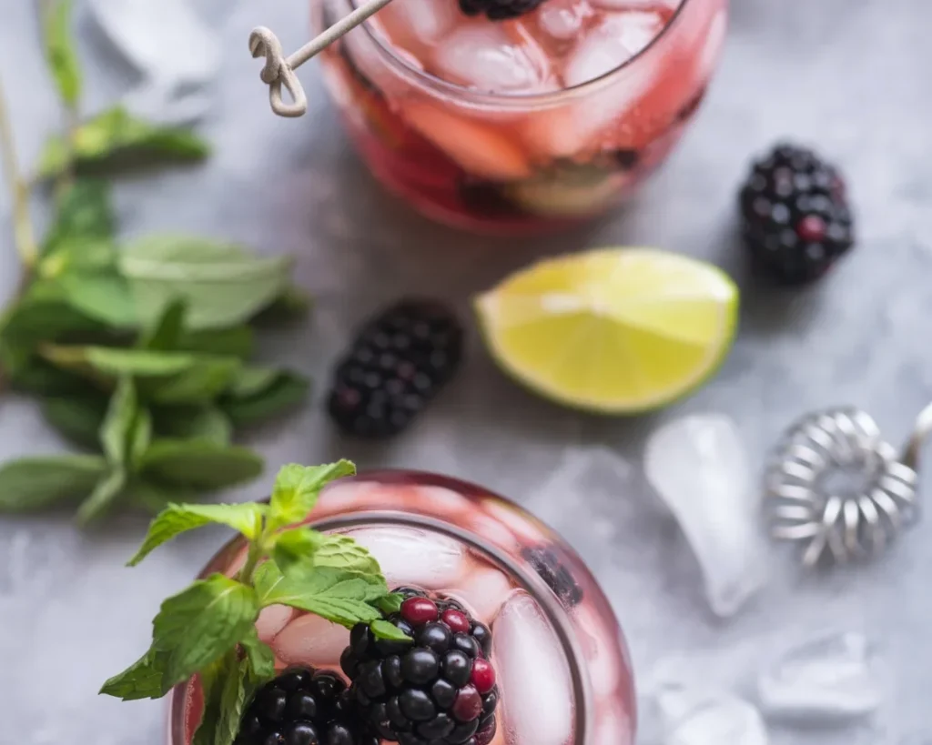 A refreshing blackberry mojito cocktail with blackberries, mint, and lime.