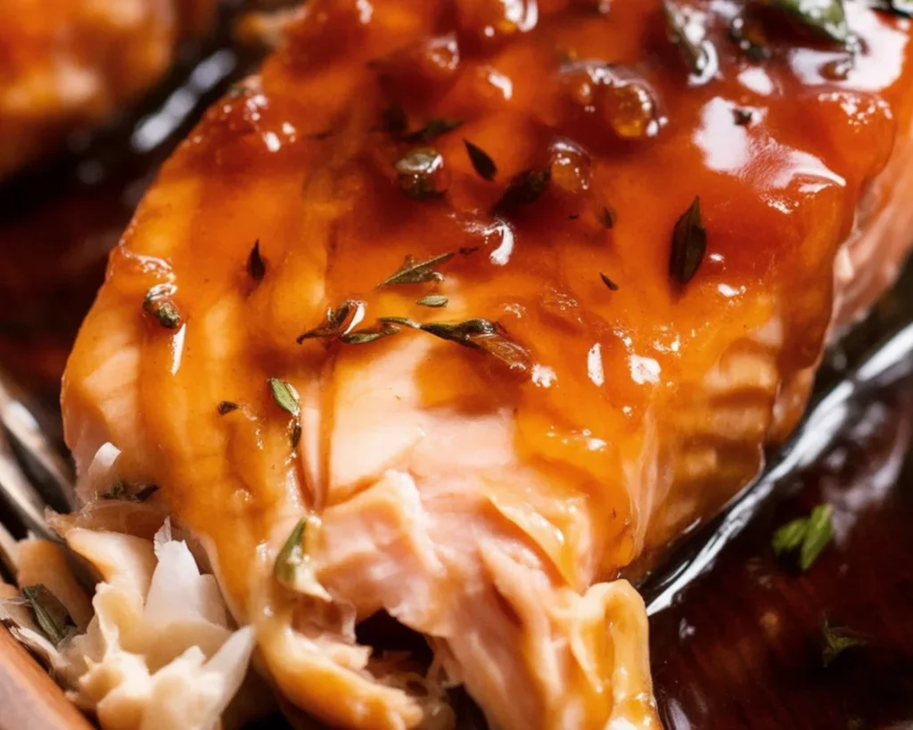 Plate of Honey Garlic Glazed Salmon garnished with green onions and sesame seeds.