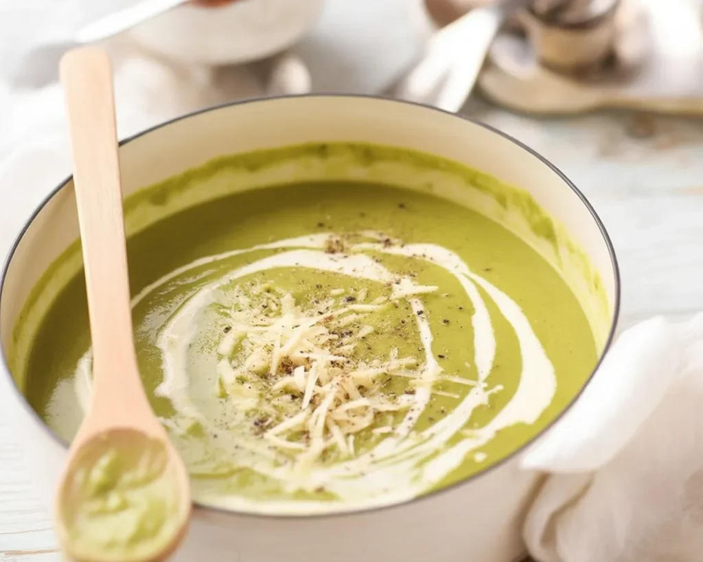 A bowl of creamy zucchini soup garnished with herbs and a drizzle of olive oil.