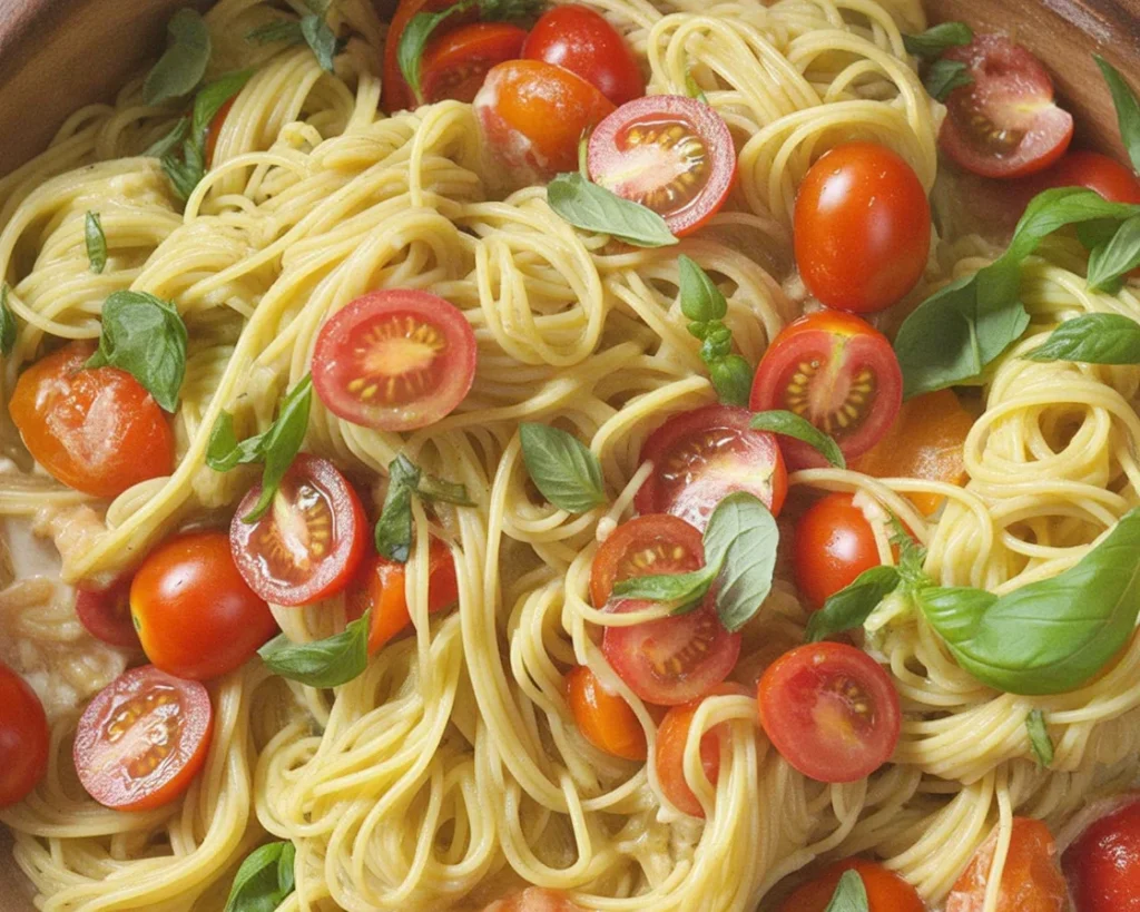 Delicious Summer Garden Pasta with cherry tomatoes, basil, and garlic.