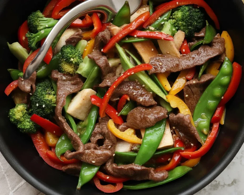Delicious Beef Stir Fry with colorful vegetables in a savory sauce.