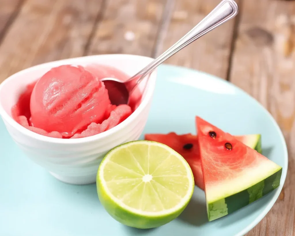A bowl of fresh watermelon sorbet made with frozen watermelon and lime juice.