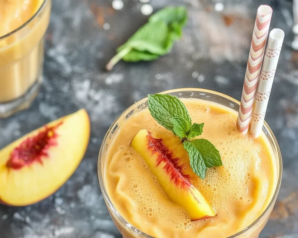 Refreshing Frozen Peach Lemonade Slushie made with real fruit and lemonade concentrate.
