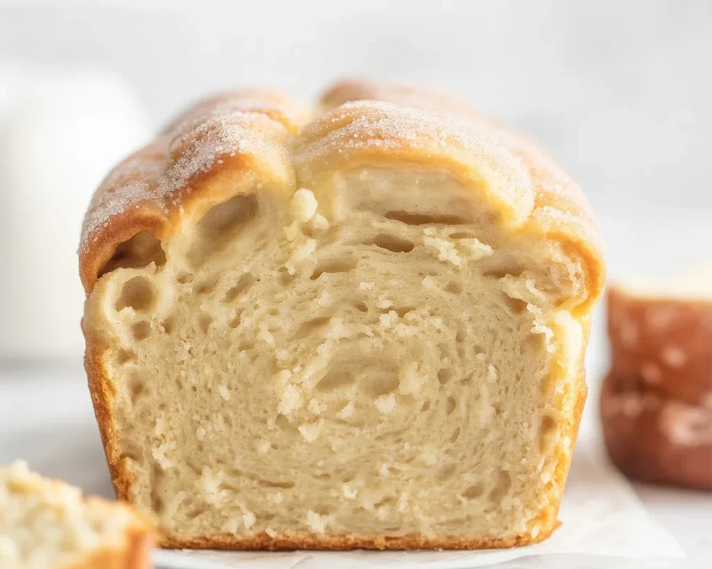 Freshly baked Cinnamon Donut Bread with a cinnamon sugar coating and swirl.