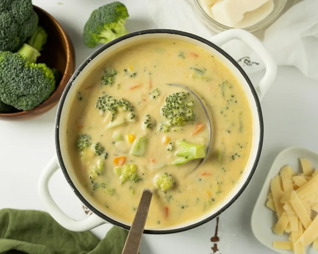 Delicious bowl of High Protein Broccoli Cheddar Soup with broccoli and cheese