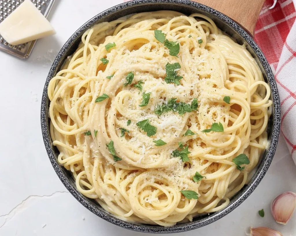 Creamy Rotisserie Chicken Alfredo served with fettuccine pasta and fresh herbs.