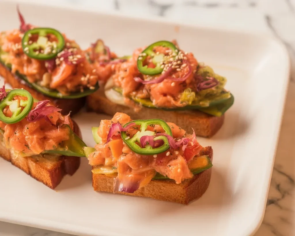 Delicious crispy rice with spicy salmon and creamy avocado