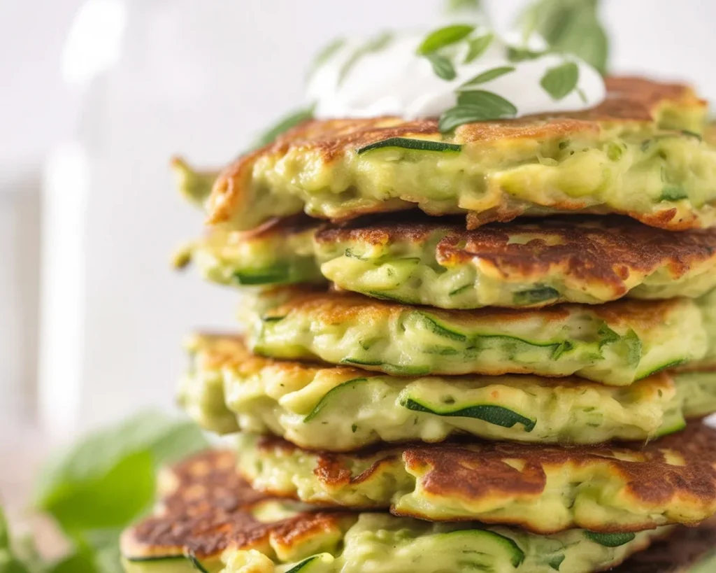 Crispy zucchini fritters served on a plate with a dipping sauce.