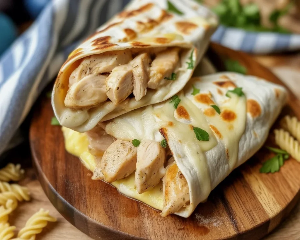 Cheesy Garlic Chicken Wraps with melted cheese and garlic sauce in a tortilla.