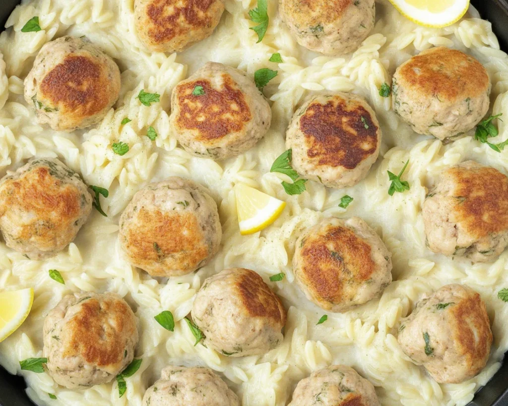 Greek Chicken Meatballs served with Lemon Orzo, a delicious Mediterranean dish.