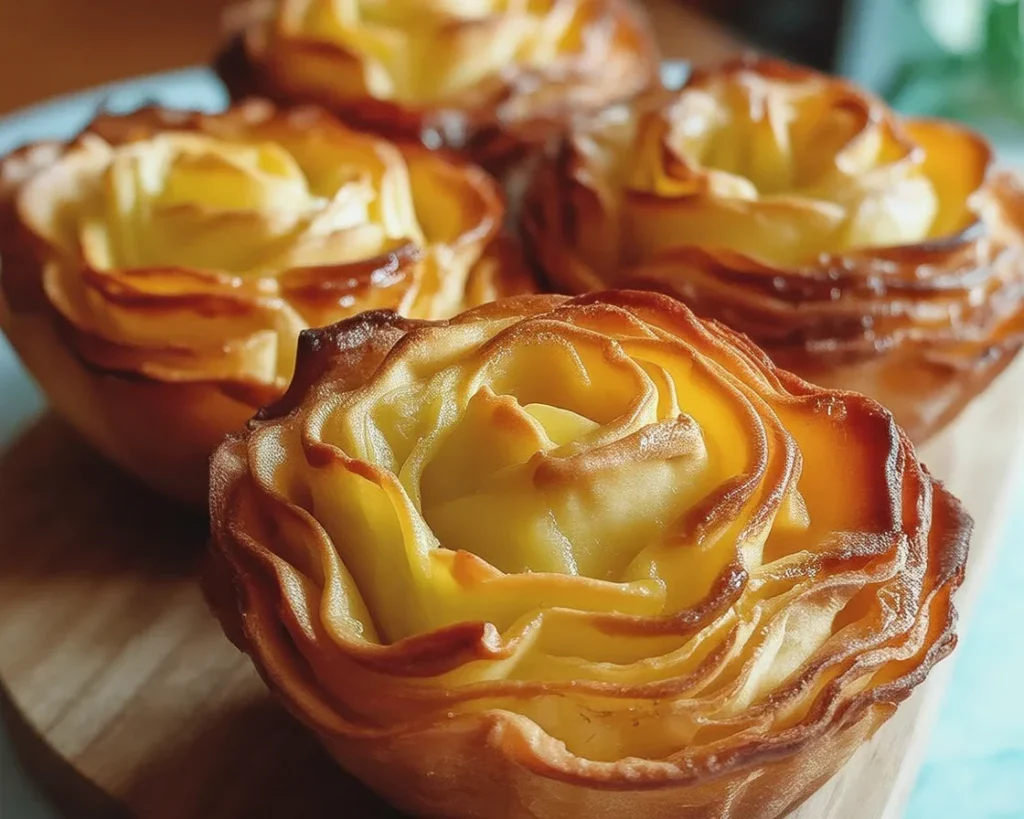 Delicious Peach Pie Cruffins with flaky layers and peach filling, perfect for breakfast.