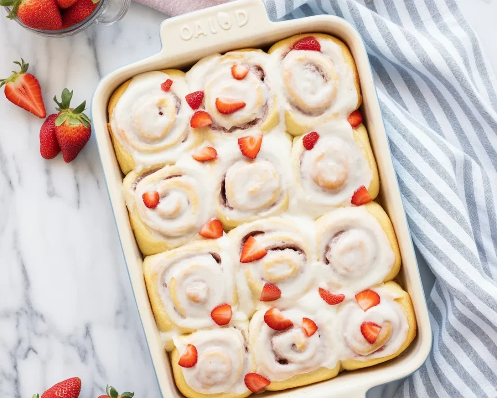 Delicious Strawberry Cheesecake Cinnabon Rolls with strawberry filling and cream cheese glaze