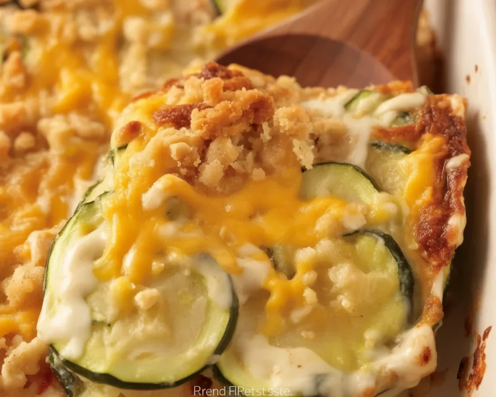 Delicious Zucchini Casserole with Cheese topped with a golden crust and creamy center.
