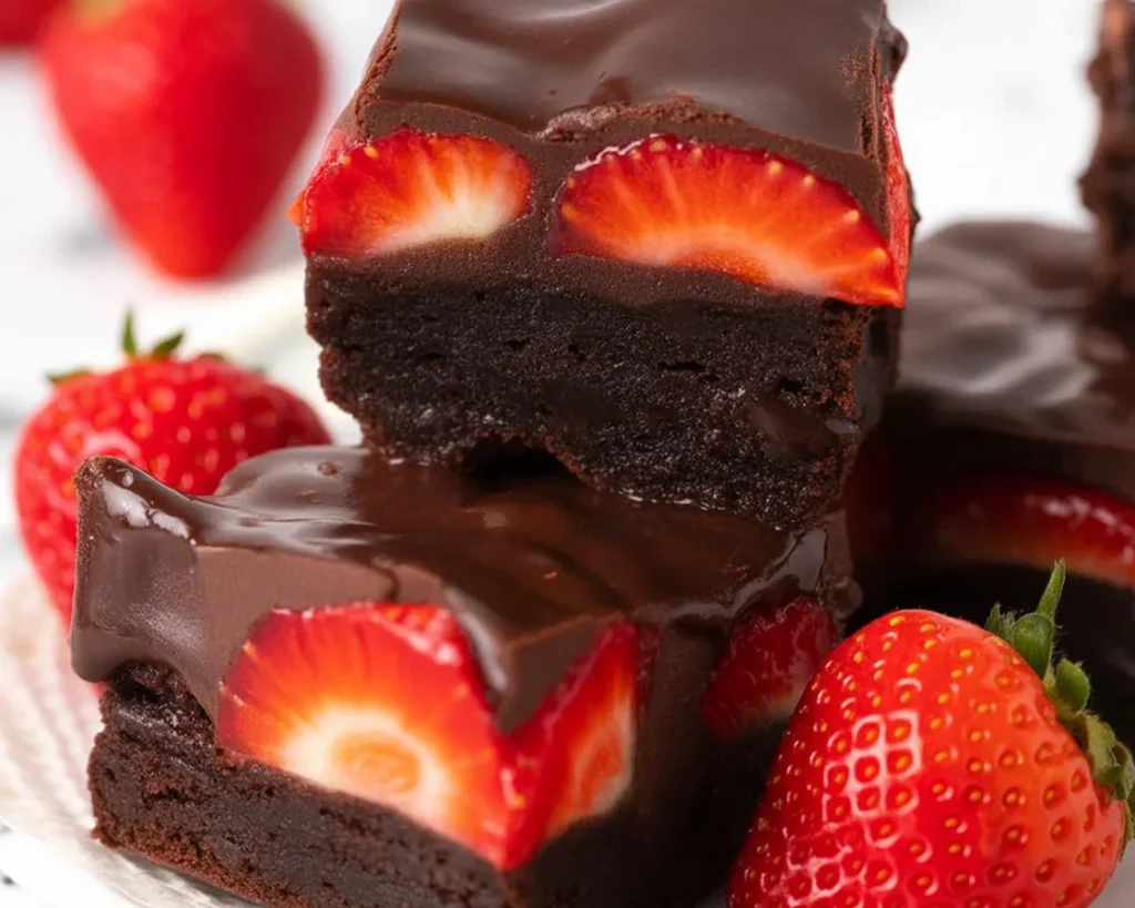 Delicious Chocolate Covered Strawberry Brownies topped with fresh strawberries and chocolate ganache.