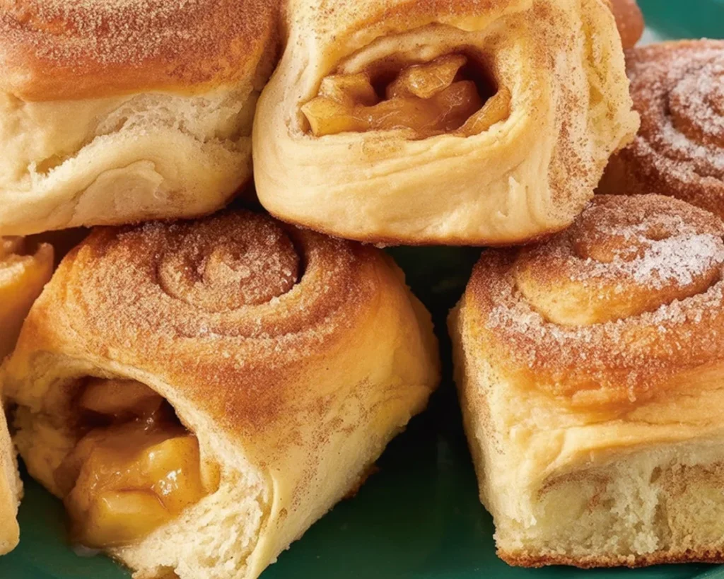 Apple Cider Hawaiian Roll Donuts topped with cinnamon sugar and filled with apple pie filling.