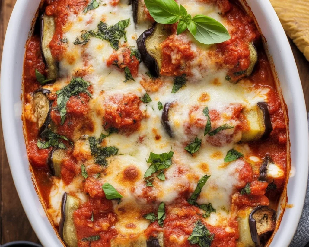 Healthy Eggplant Rollatini with roasted slices and ricotta cheese filling