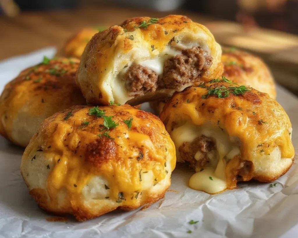 Delicious Garlic Parmesan Cheeseburger Bombs filled with ground beef and cheese