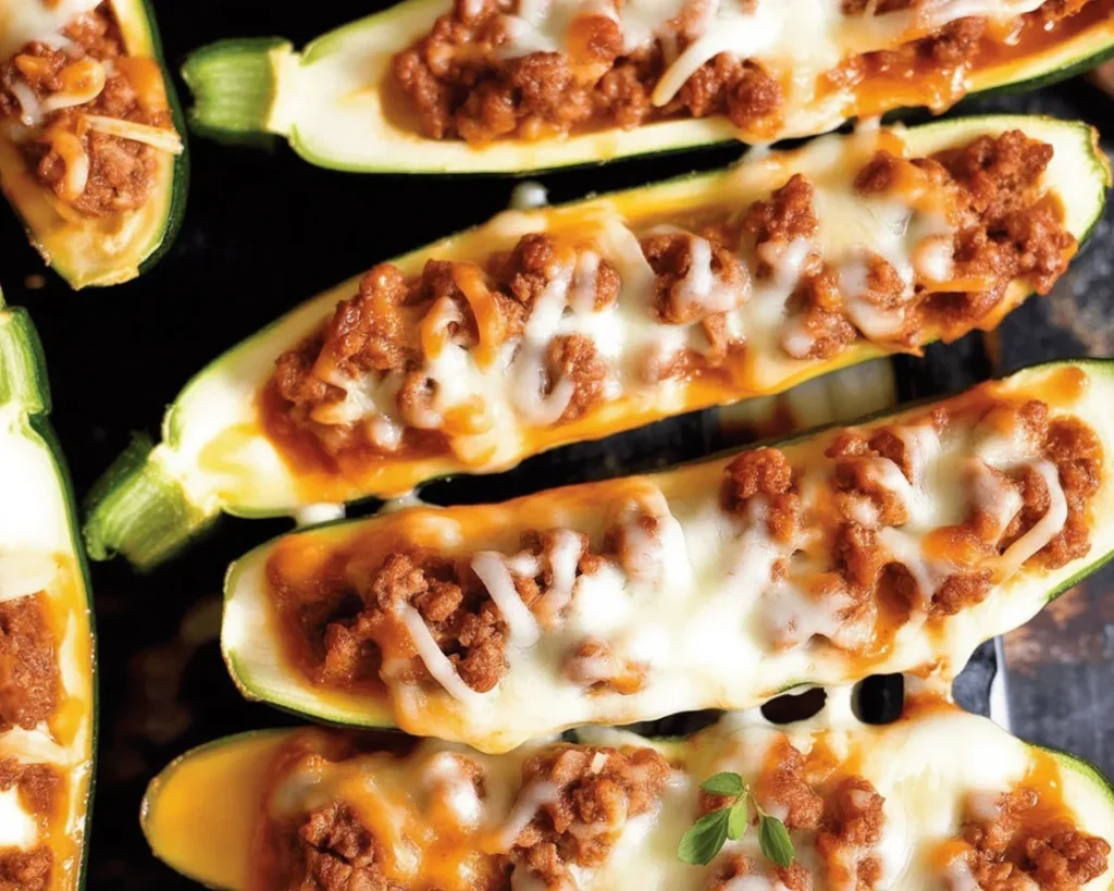 Easy Ground Beef Zucchini Boats stuffed with beef, cheese, and marinara sauce.