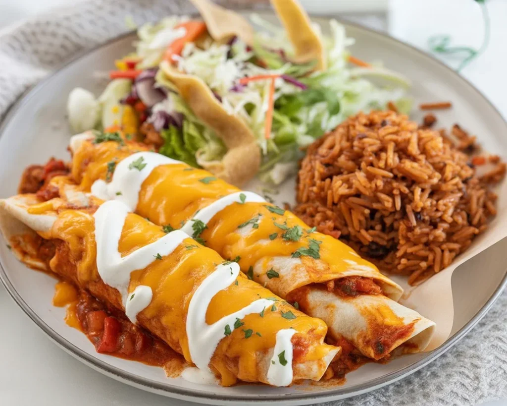 Plate of easy rotisserie chicken enchiladas topped with cheese and sauce.