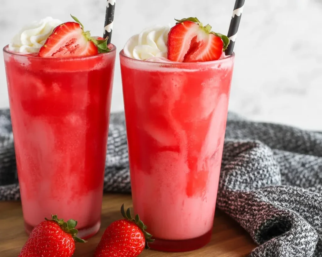 Refreshing Dirty Strawberry Soda Drink topped with creamy vanilla coffee creamer.