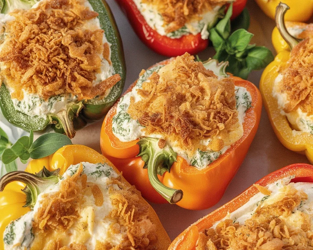 Delicious Herby Ricotta Stuffed Peppers topped with parmesan and fresh herbs.
