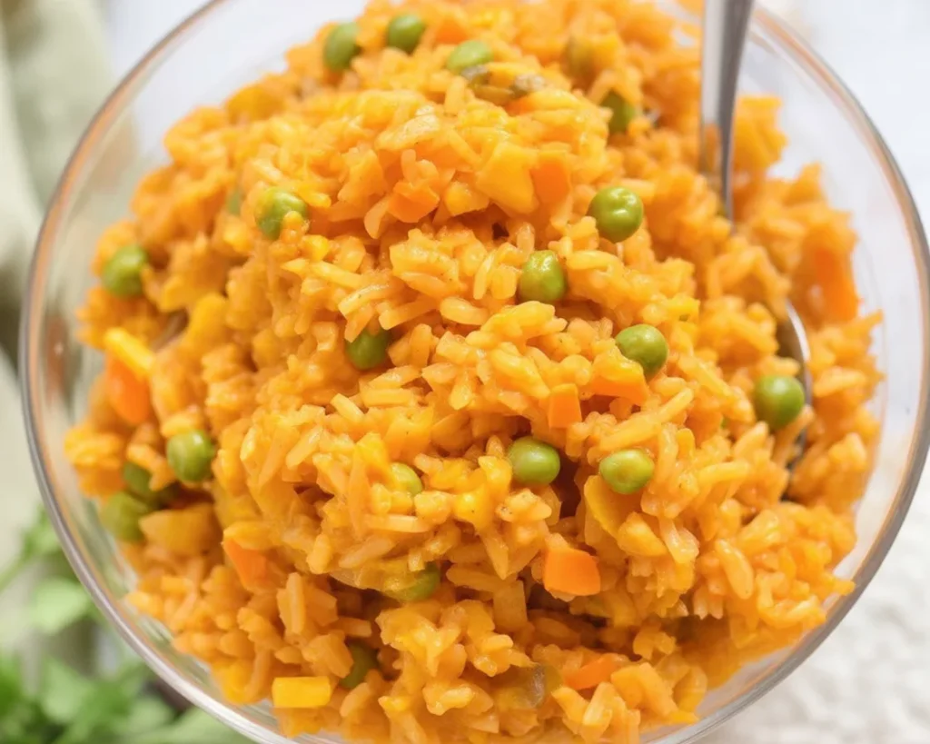 Bowl of Authentic Mexican Rice garnished with fresh cilantro and tomatoes.