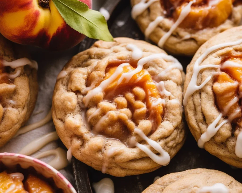 Soft, buttery Peach Cobbler Cookies with fresh peach filling and crumble topping.