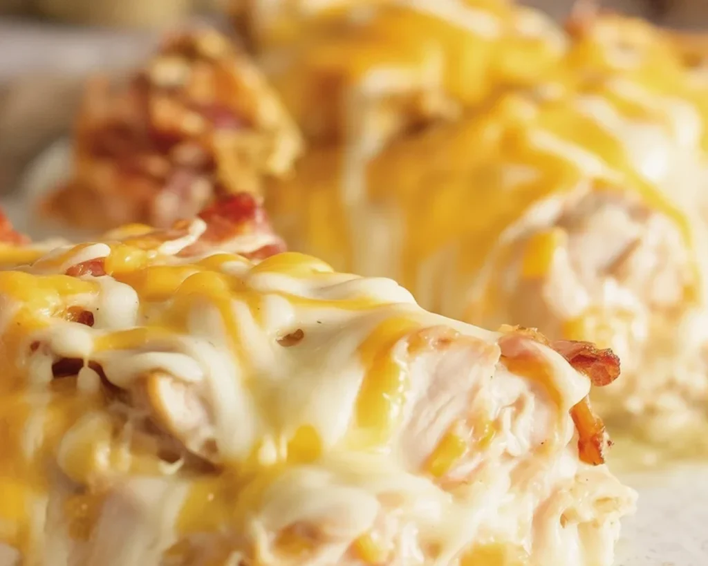 Delicious and easy Chicken Bacon Ranch casserole topped with cheese.