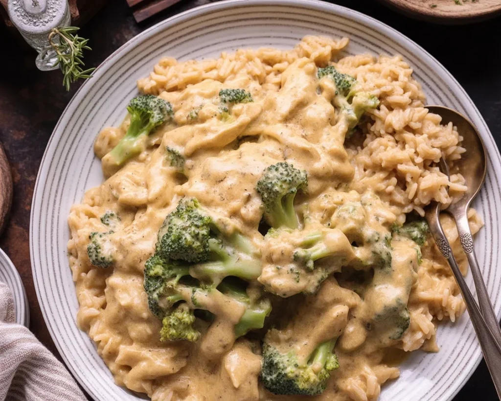 Creamy Crockpot Broccoli Cheddar Chicken dish with tender chicken and broccoli.