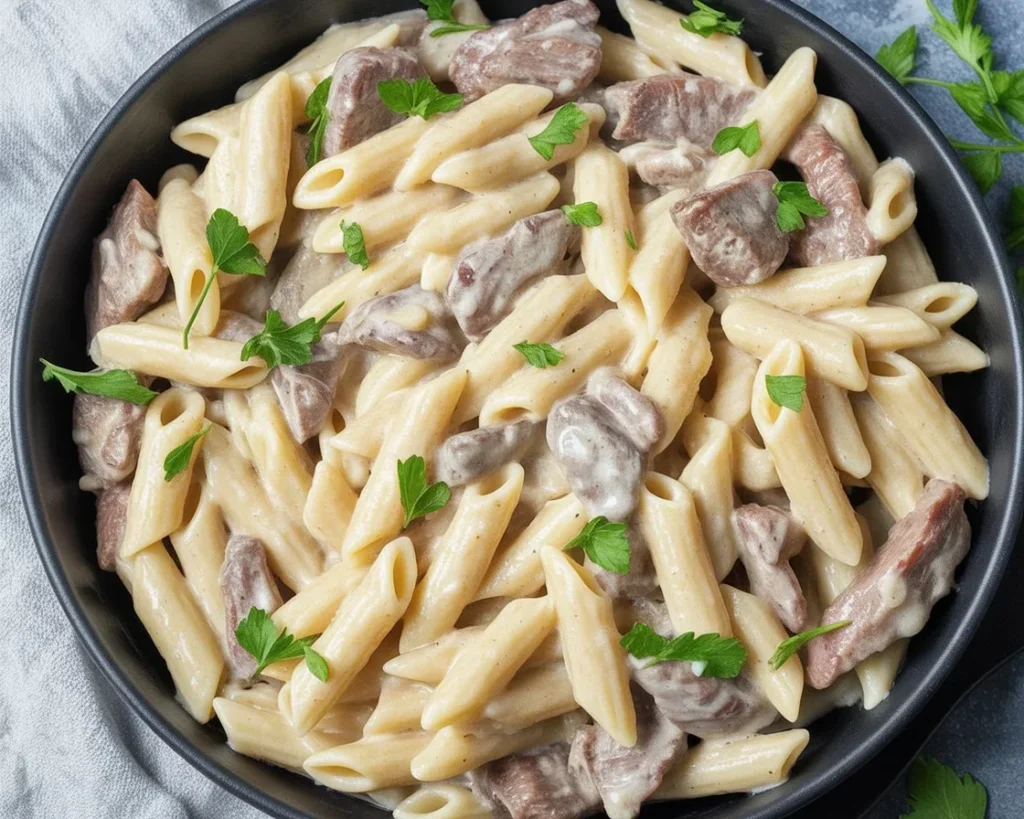 Creamy Garlic Steak Pasta with linguine and tender beef in a velvety sauce