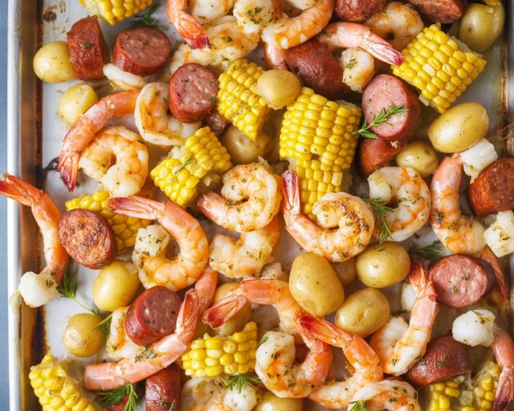 Delicious Sheet Pan Shrimp Boil with shrimp, sausage, corn, and potatoes on a baking sheet.