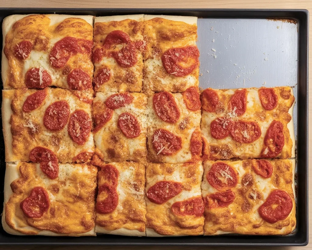 Delicious Grandma Pie pizza topped with cheese and tomato sauce, served in a sheet pan.
