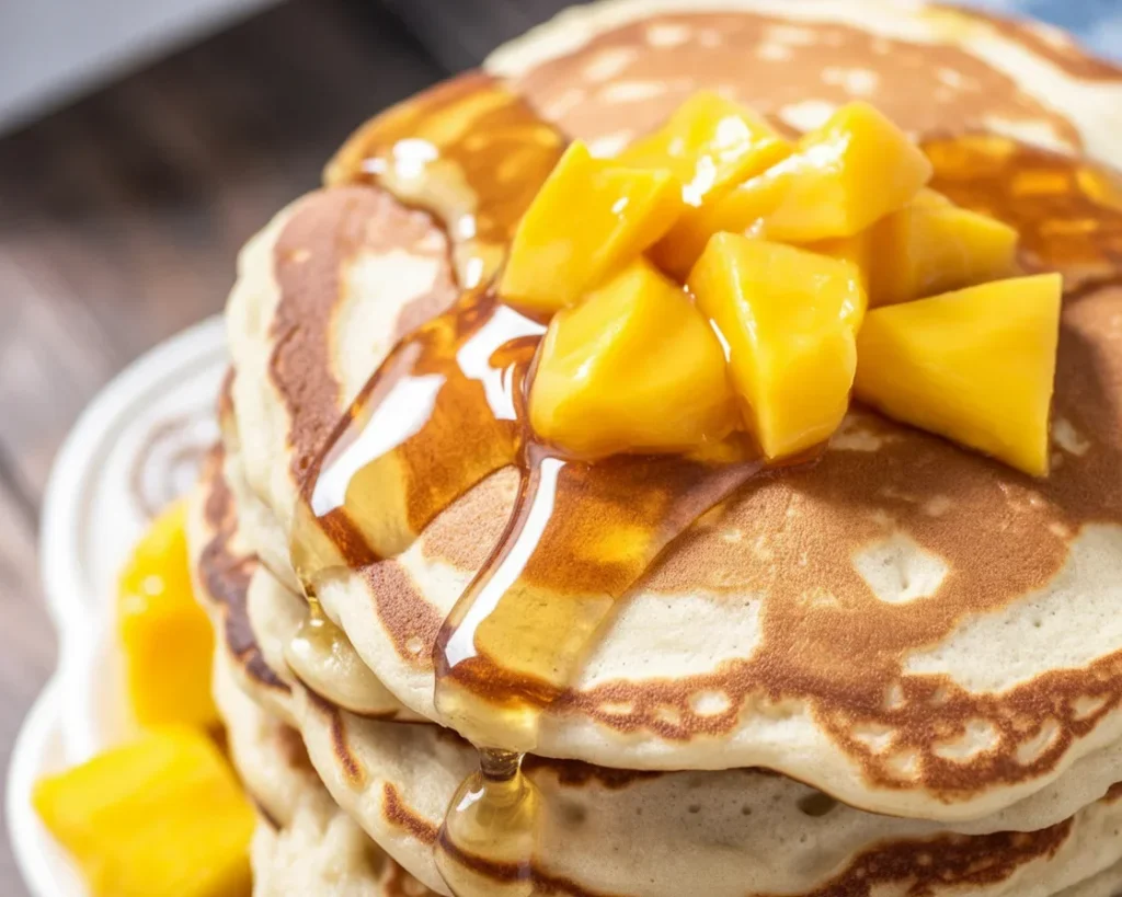 Fluffy Cinnamon Peach Pancakes topped with fresh peaches and syrup.