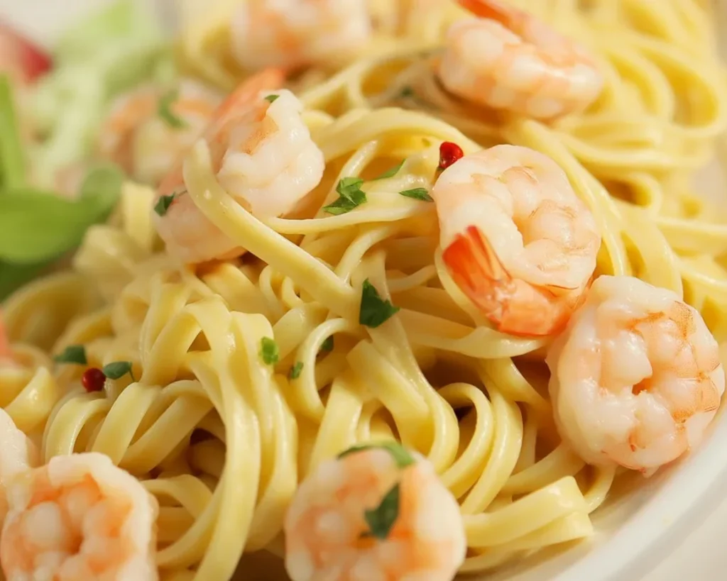 Garlic Lemon Shrimp Linguine garnished with parsley in a bowl.