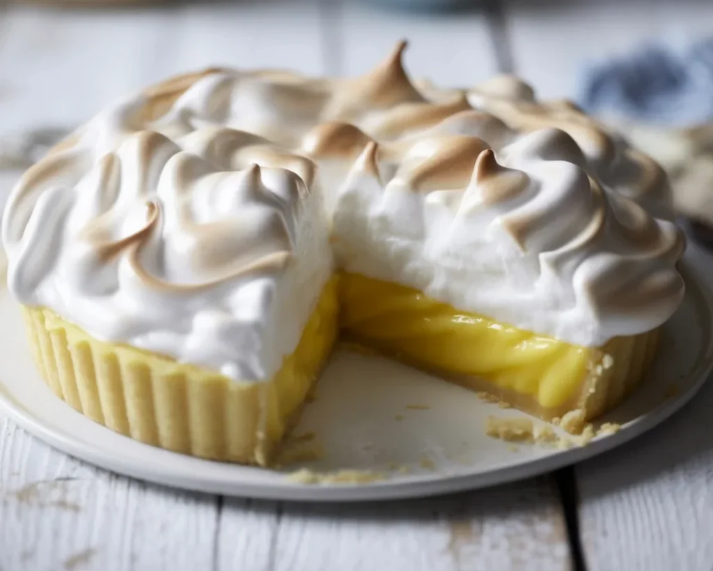 Mary Berry's Lemon Meringue pie served warm with crispy meringue on top.