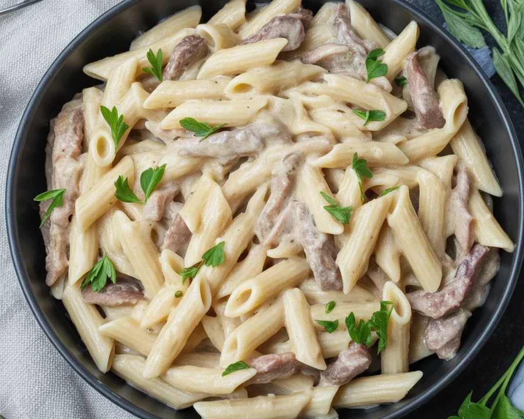 Creamy Garlic Butter Steak Pasta featuring tender steak in a rich garlic sauce.