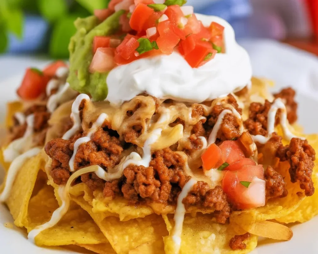 Cheesy Taco Potatoes topped with melted cheese and fresh ingredients in a skillet.