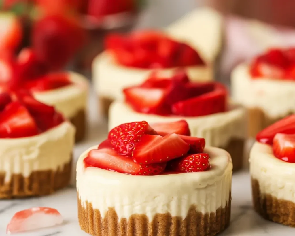 Delicious Mini Strawberry Cheesecake Cups with graham cracker crust and fresh strawberries